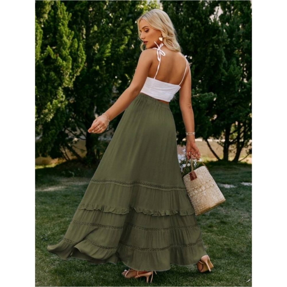 SHEIN | Simplee Casual Vacation Western Style Loose Flounce Hem Skirt, Green - Picture 2 of 10